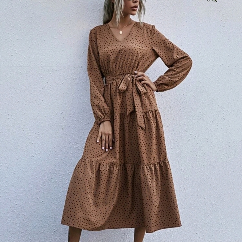 SOLD✅️ Polka Dot Ruffle Hem Belted Dress